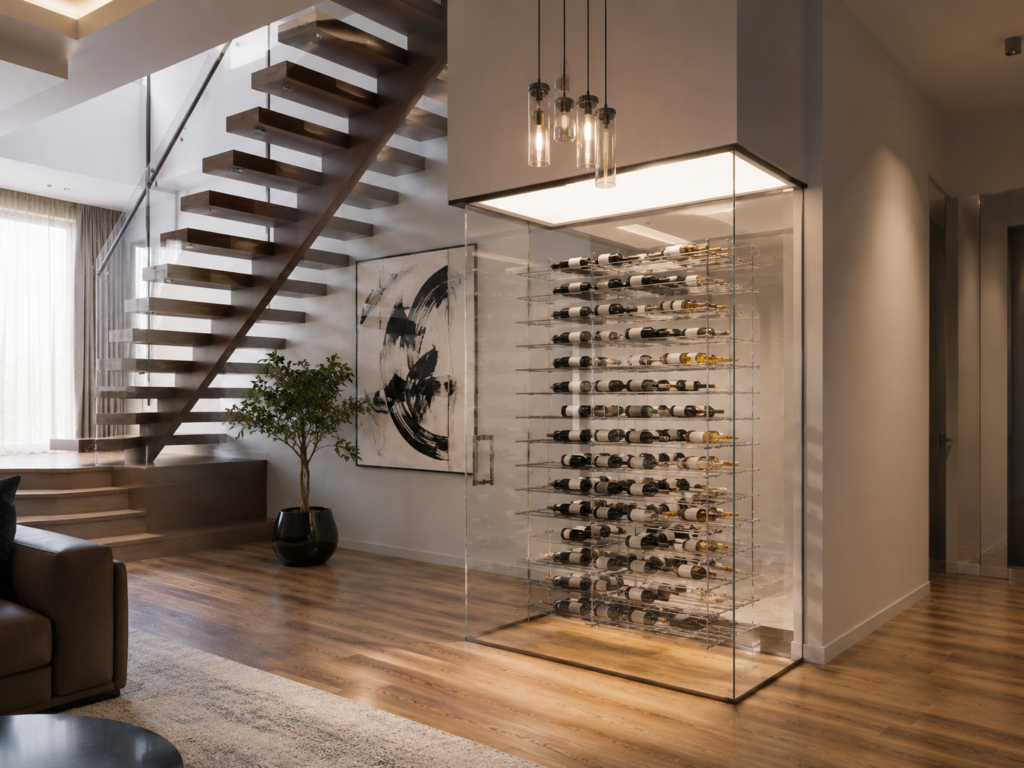 Modern interior with floating wooden staircase, glass-enclosed wine racks Dublin, abstract wall art, a potted plant, and pendant lights on hardwood flooring.