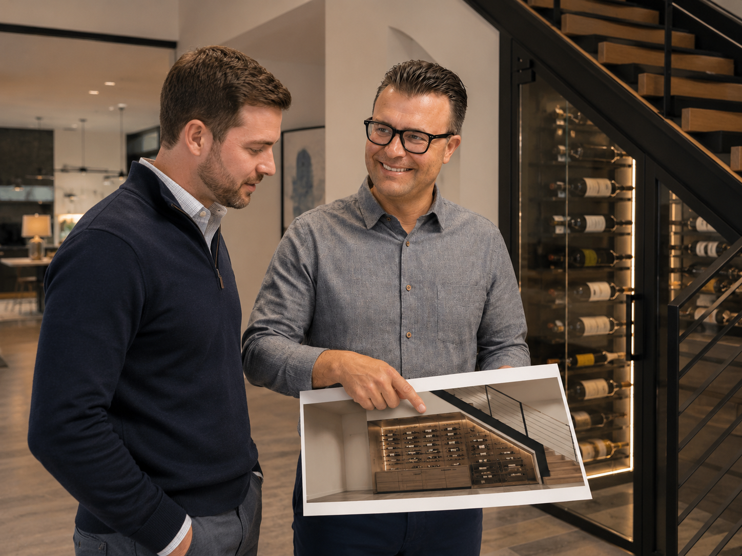 Two men stand indoors discussing a printed design plan for a modern staircase wine storage area, exploring options for custom wine cellars Berkeley as one man points out features on the plan.