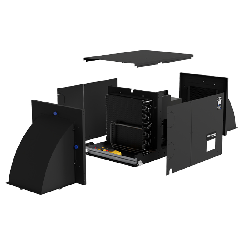 Exploded view of a black rectangular WhisperKOOL Blow-Through 8000 Ducted/Ductless Wine Cellar Cooling System with separated panels and internal components visible, highlighting its ducted and ductless versatility.