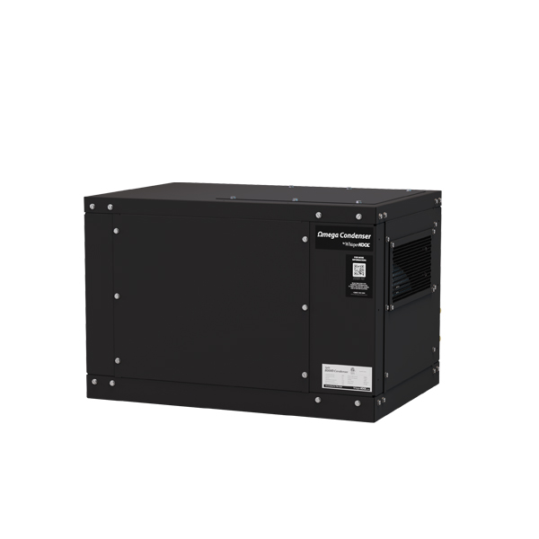 The WhisperKOOL Platinum Split 8000 Ductless Wine Cellar Cooling System is a black, rectangular industrial condenser unit designed for use with ductless split systems or wine cellar split systems. It features a vent, bolts along the edges, and a label on the side, and is displayed against a white background.